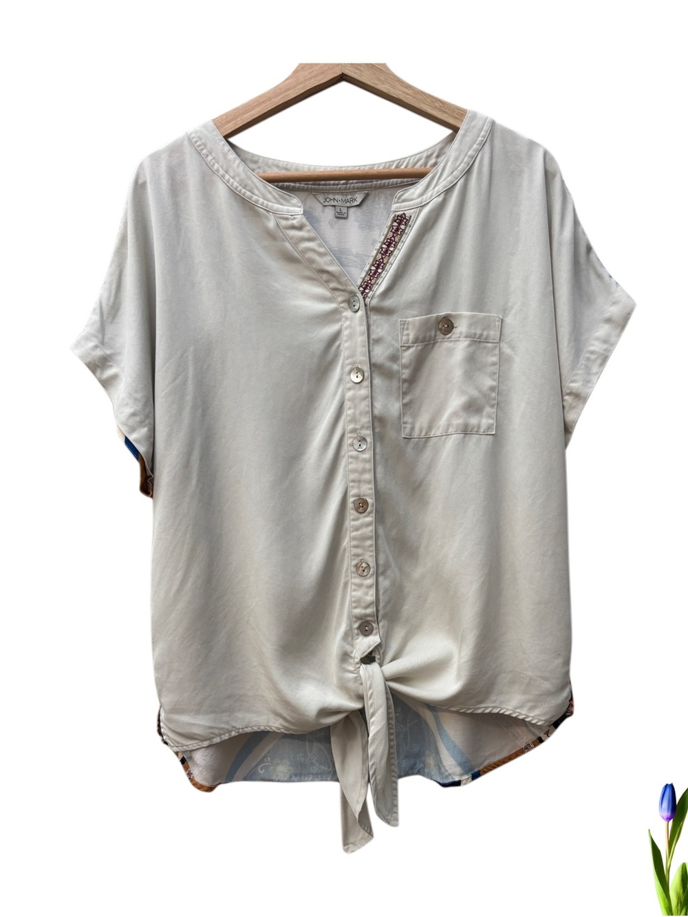 John Mark Cream Short-Sleeve Button-Front Tie Hem Top